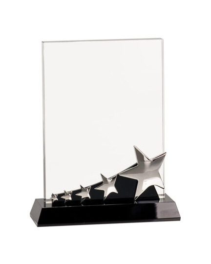 8" Rectangle Crystal with Silver Stars on Black Pedestal Base